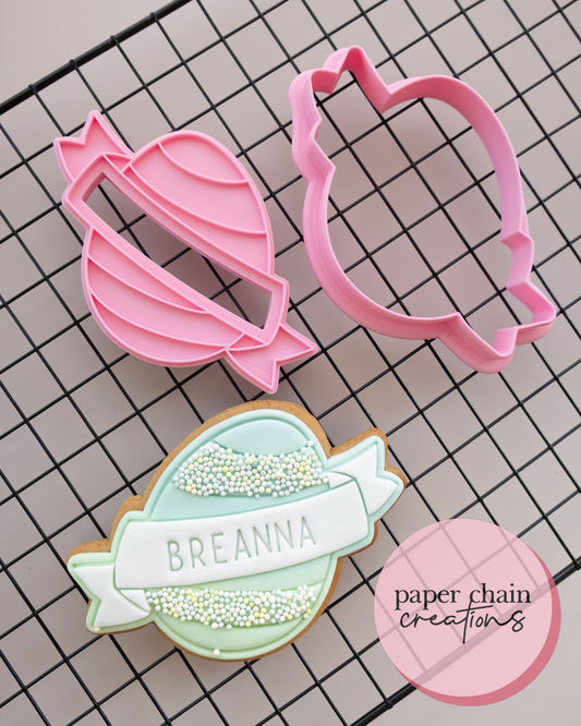 Egg with Diagonal Banner Cookie Cutter and Fondant Embosser
