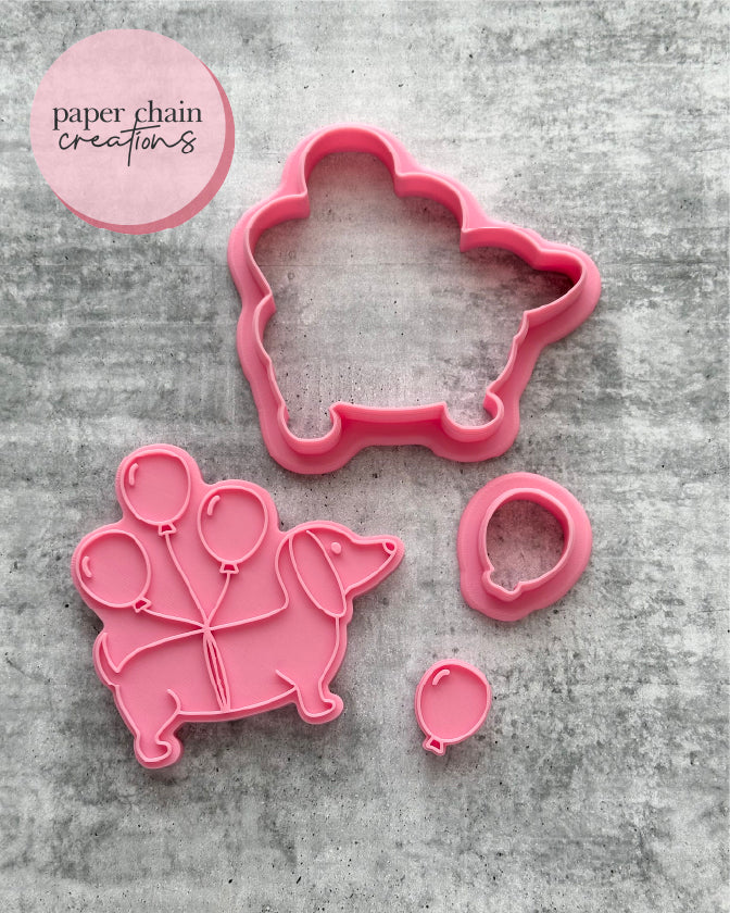 Sausage Dog with Balloons Cookie Cutters and Fondant Embossers SET